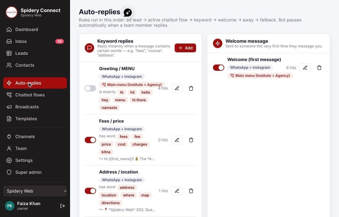 Spidery Web Connect keyword auto-replies and welcome message for WhatsApp and Instagram