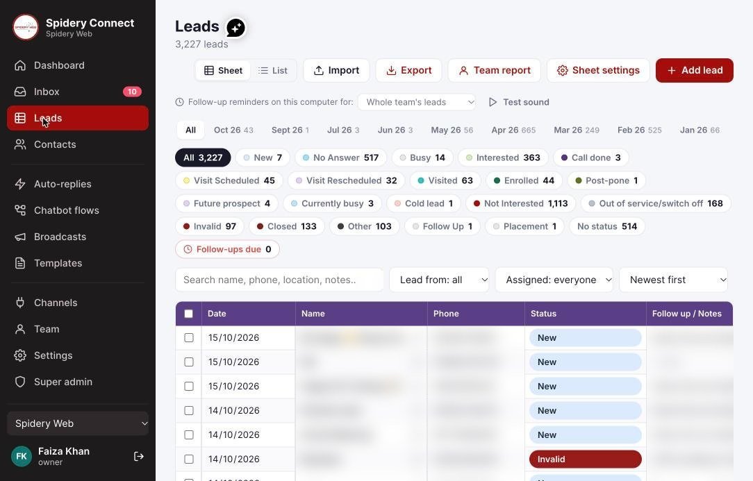 Spidery Web Connect lead sheet CRM with lead statuses, month filters and follow-up notes; names and phone numbers blurred