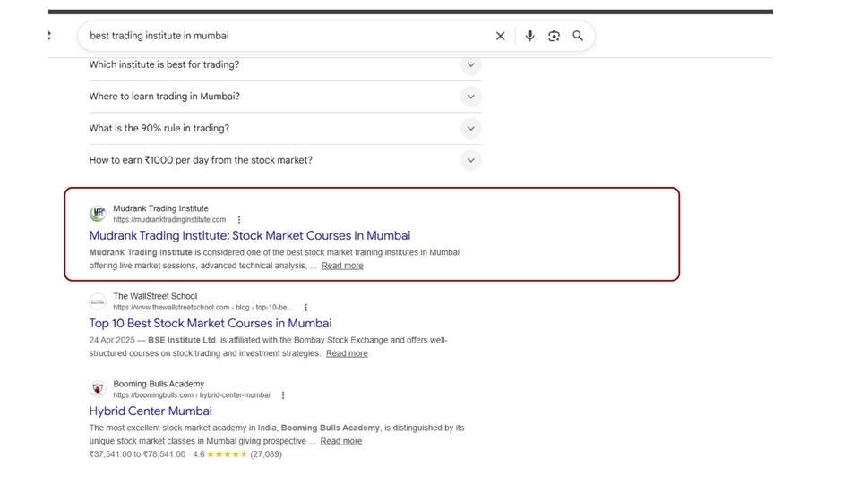 Mudrank Trading Institute — “Best trading institute in Mumbai” result (Organic SEO), education marketing agency in mumbai proof by Spidery Web