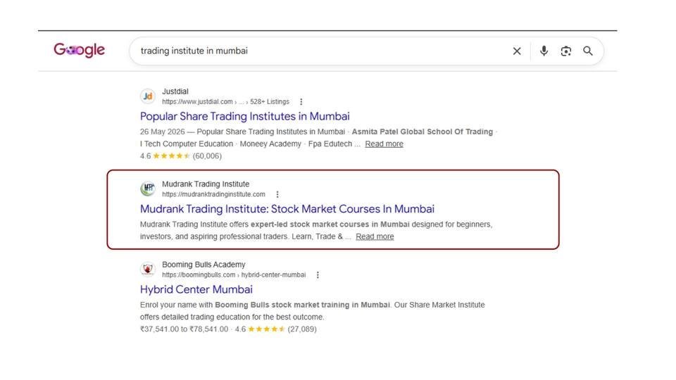 Mudrank Trading Institute — “Trading institute in Mumbai” organic ranking (Organic SEO), education marketing agency in mumbai proof by Spidery Web