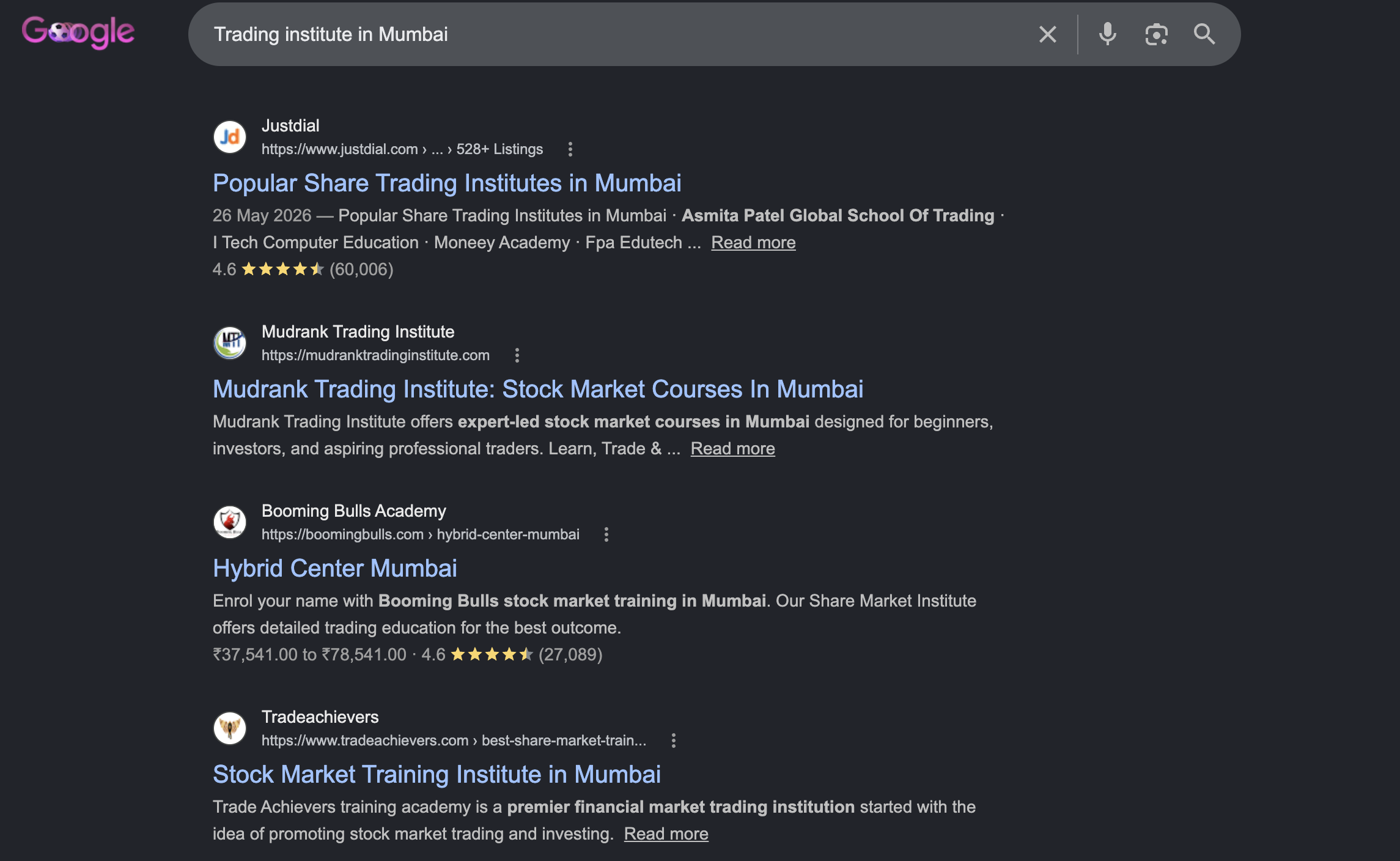 Mudrank Trading Institute ranking on Google organic search for Trading institute in Mumbai